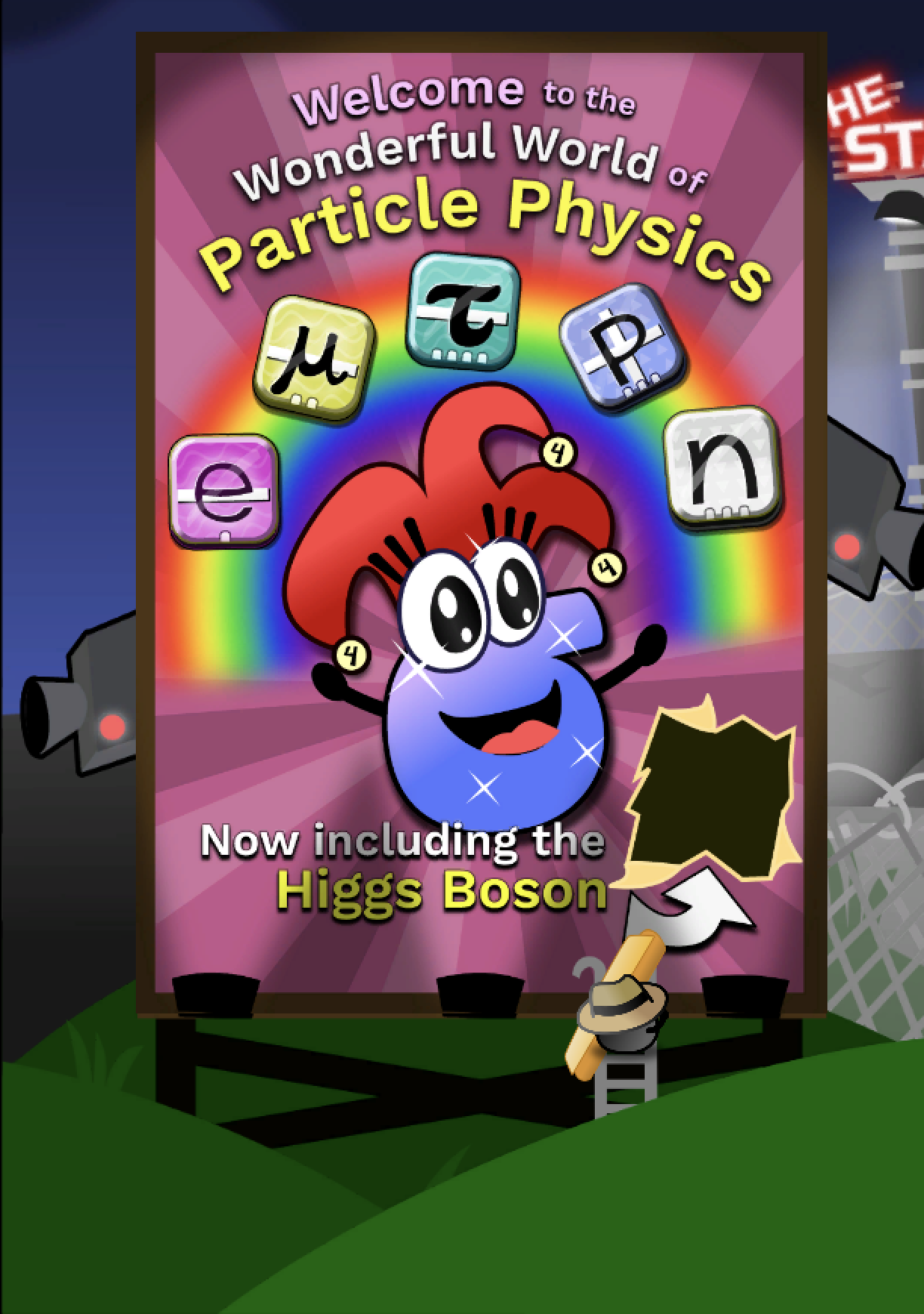 Cartoon scene of billboard showcasing the wonderful world of particle physics